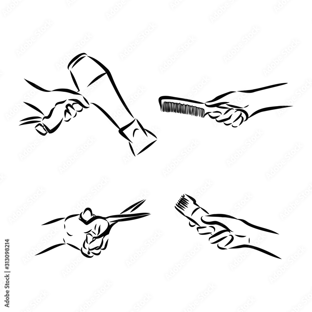 set of hand with hairdressers tools  drawn vector illustration