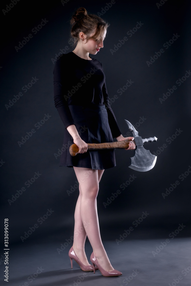 Nightmare girl holding an ax as punishment tool Nightmare girl holding an ax as punishment tool