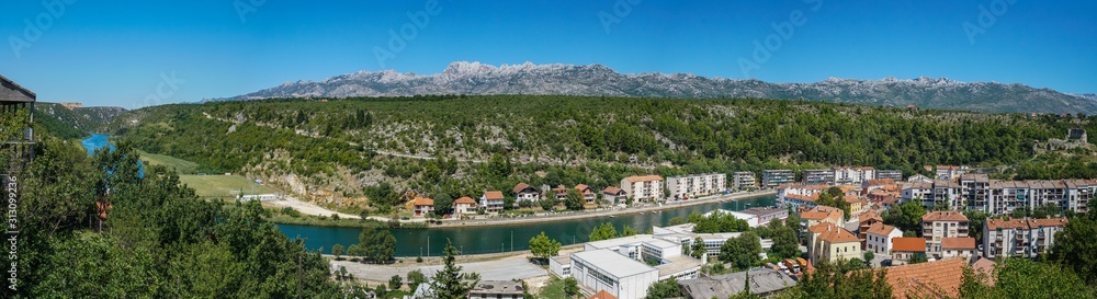 View of the city of Obrovac, Zrmanja river, Croatia. Panorama