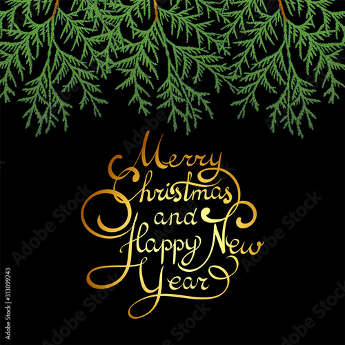 Branches of thuja on a winter background. Decorative greeting card happy New year and merry Christmas. Advertising banner for trade and sale