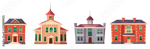Urban retro colonial style building cartoon vector set illustration. Old residential and government buildings, 18 century Victorian houses isolated on white background