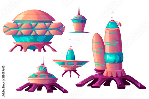 Space colonization cartoon vector set illustrations. Spaceships and rocket or shuttle for universe exploration, cosmic base and elements of alien settlement isolated on white background