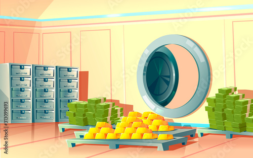 Bank vault room, round metal open safe door, gold bullion, bars and cash, cartoon vector illustration, financial background
