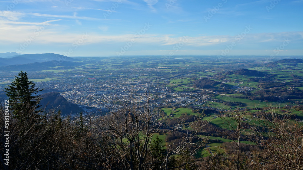 Aerial panorama of Salzburg from the top of Untersberg mountain in Austria.