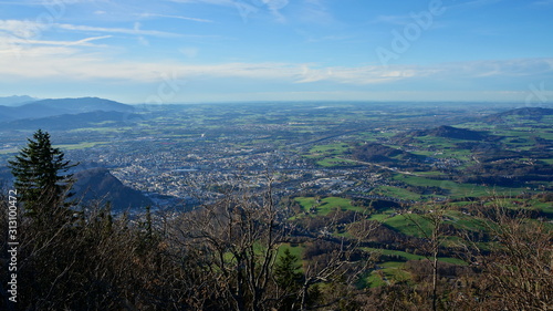 Aerial panorama of Salzburg from the top of Untersberg mountain in Austria.