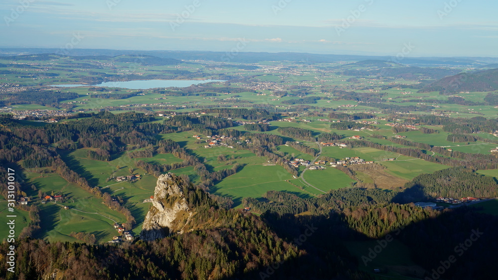 Aerial panorama of Alpine mountains from the top of Untersberg mountain in Austria.