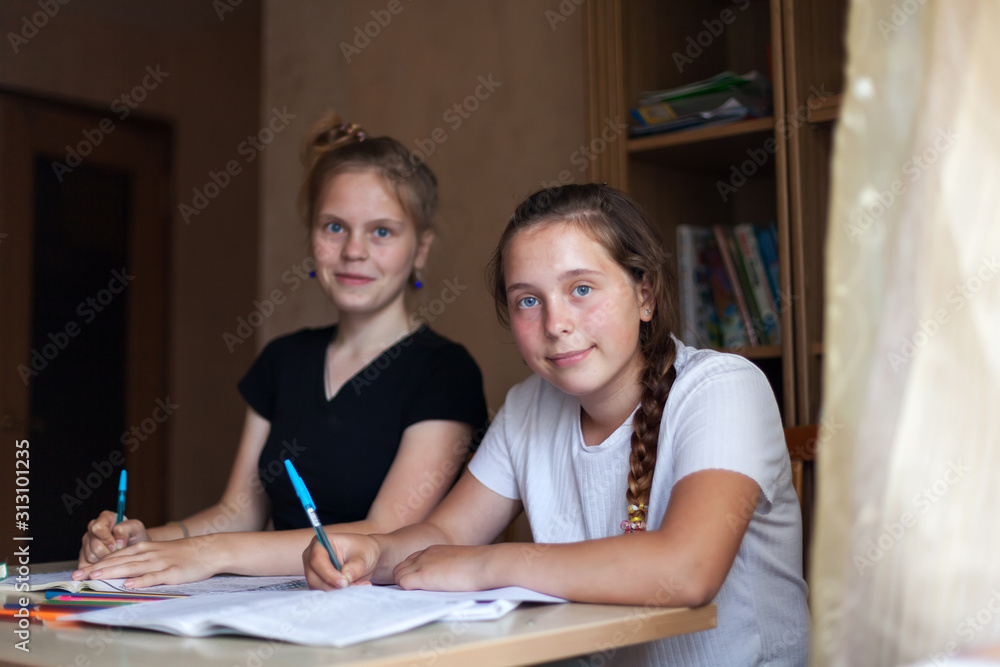 Fototapeta premium Girlfriends learning lessons at home at desk.