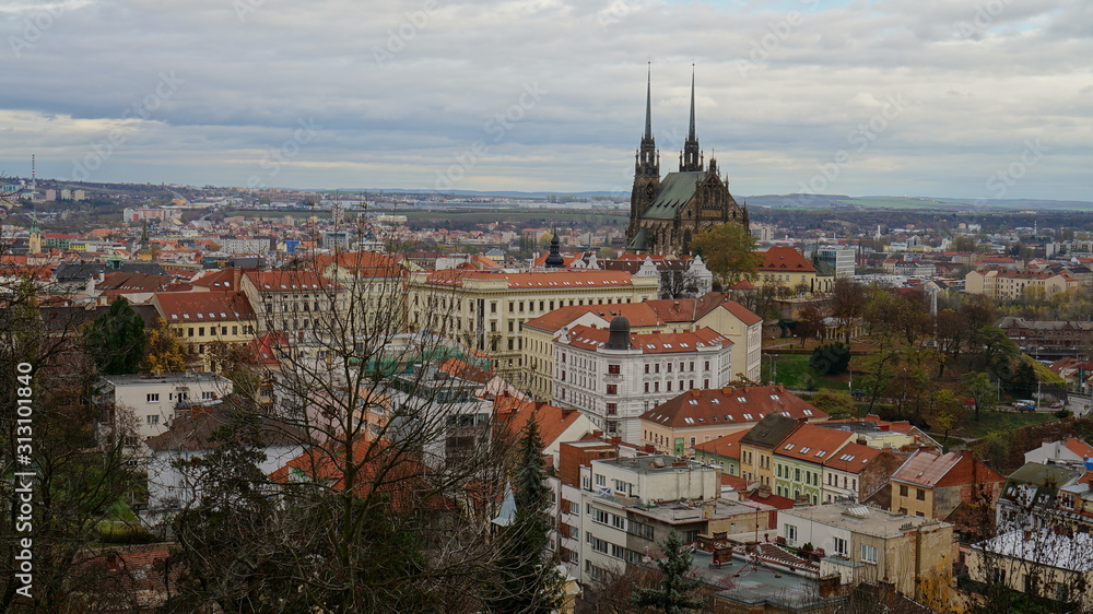 Aerial panoramic view of the Brno city and Cathedral of St. Peter and Paul, Czech Republic, Europe.