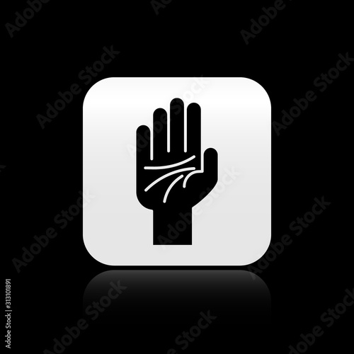 Black Palmistry of the hand icon isolated on black background. Silver square button. Vector Illustration