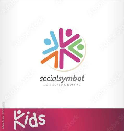 Social events logo concept. Kids network logo. Society rallies of similar interests sign symbol or icon. Social community meeting colorize design vector. Gathering social event business.