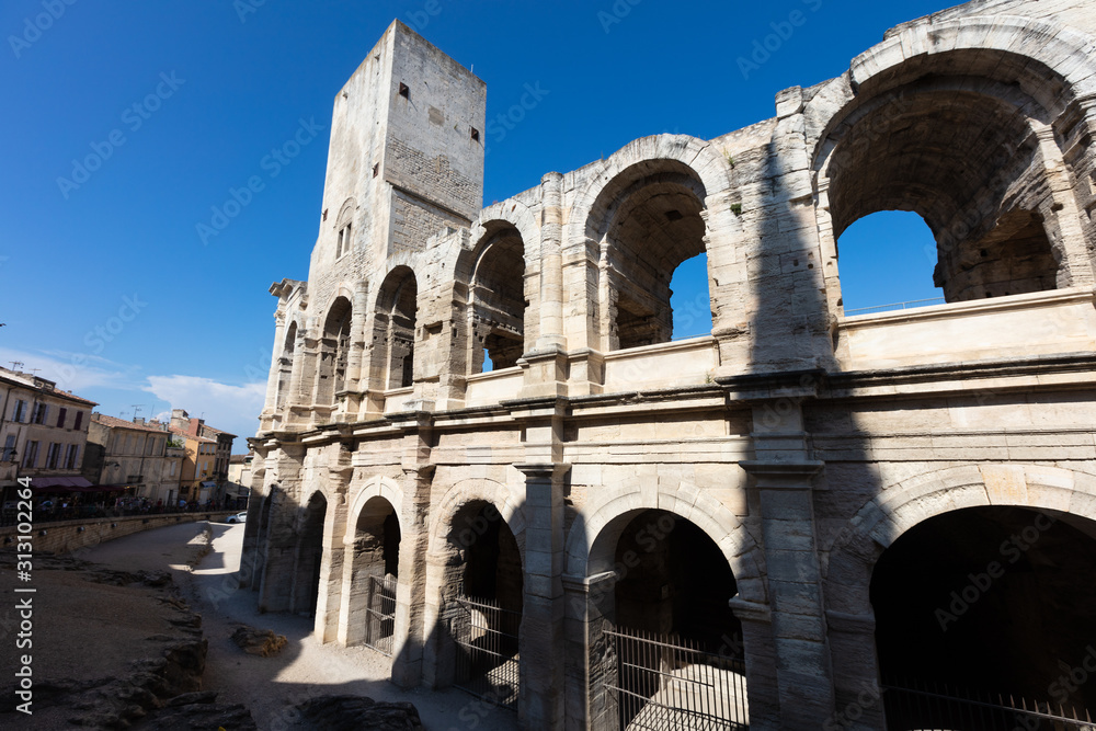 The Arles Amphitheatre (Arenes d'Arles in French), a two-tiered Roman amphitheatre in the southern French town of Arles.