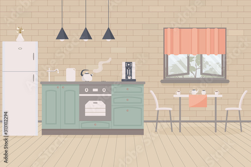 Kitchen home cute country interior in Provence style. Indoor furniture and equipment: fridge and stove,cupboard and shelves, table, cups of tea,kettle,coffee machine, sink,faucet.Vector illustration