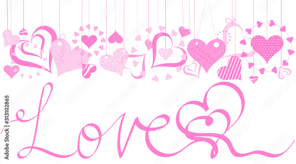 Pink Valentines hearts with love inscription banner. Love handwriting