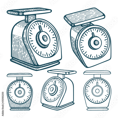 Kitchen scales. Kitchen scales hand drawn vector illustration isolated on white background. Weight scales sketch drawing graphic collection. Part of set. 