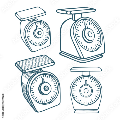Kitchen scales. Kitchen scales hand drawn vector illustration isolated on white background. Weight scales sketch drawing graphic collection. Part of set. 