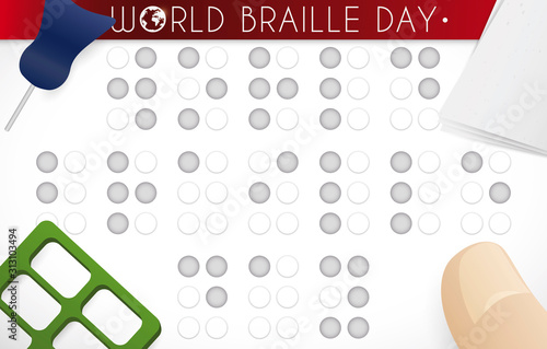 Slate, Stylus, Papers and Finger Ready to Celebrate Braille Day, Vector Illustration