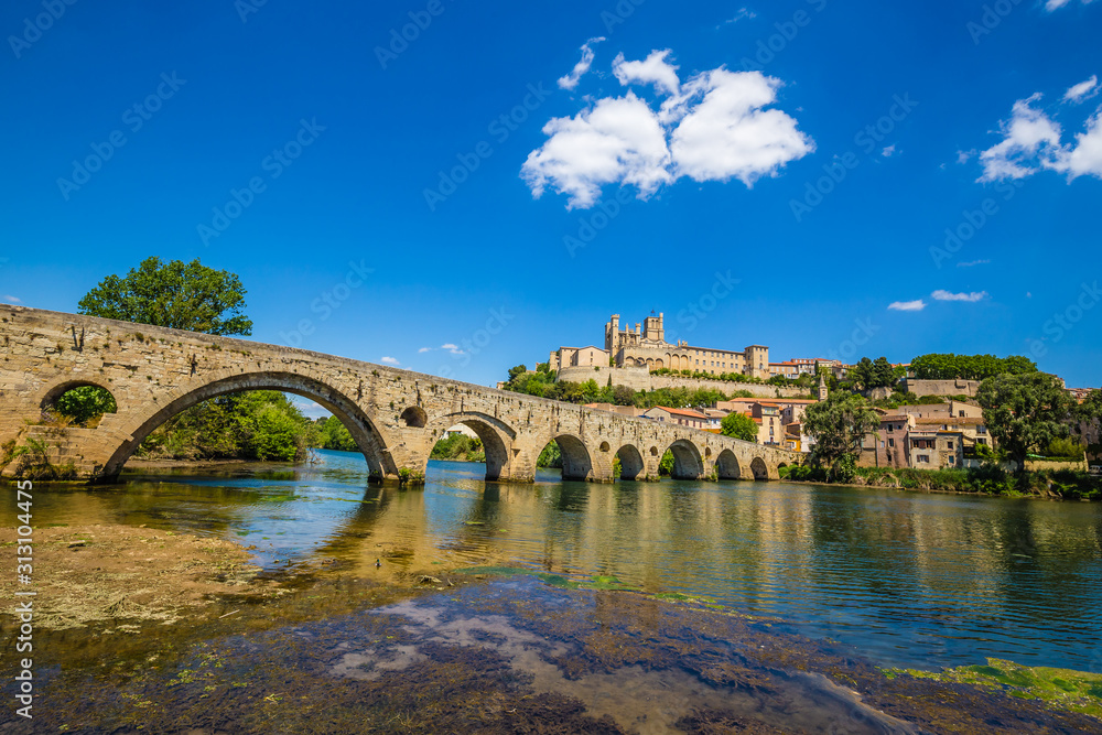 Old Bridge And Cathedral In Beziers, France