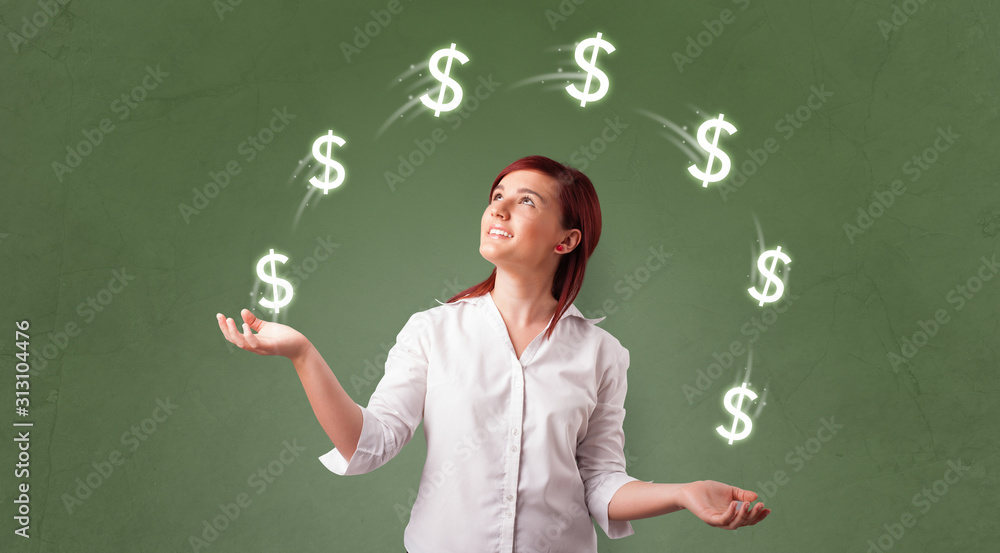 Young happy person juggle with dollar symbol