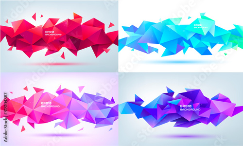 Vector set of abstract geometric facet 3d shapes. Use for banners, web, brochure, ad, poster, etc. Low poly modern style background.