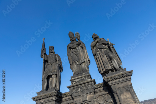 Sculptures Charles Bridge. Statues of three figures - Saint Norbert, St. Vaclav and St. Sigismund. Prague