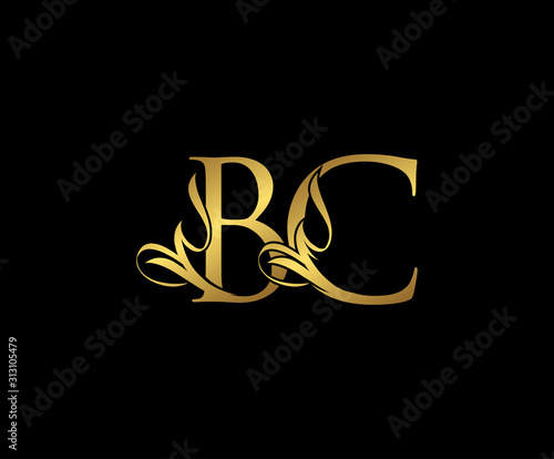 Classy  letter B , C and BC  Vintage Gold Floral Logo Icon, overlapping monogram logo, elegant luxury gold color on black background. Classy Letter Logo Icon.