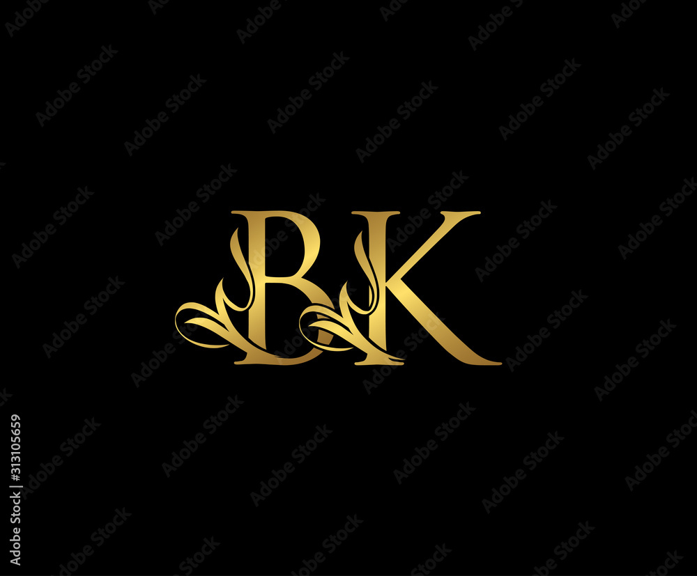 Classy letter B , K and BK Vintage Gold Floral Logo Icon, overlapping