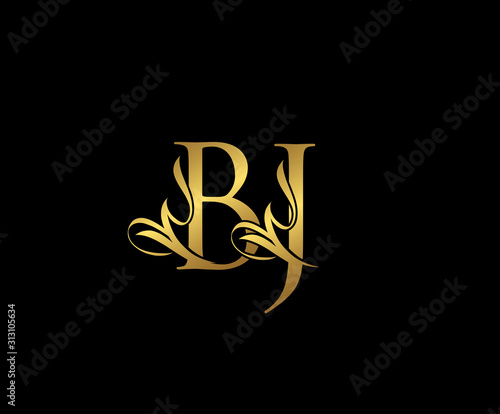 Classy  letter B , J and BJ  Vintage Gold Floral Logo Icon, overlapping monogram logo, elegant luxury gold color on black background. Classy Letter Logo Icon.
