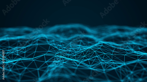 Abstract composition with connecting dots and lines. Blue background. Plexus effect. Big data. 3D rendering