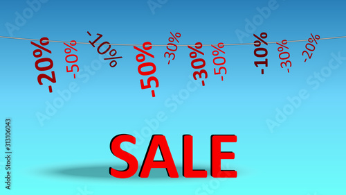 Banner with the inscription SALE on a light blue background. Different numbers with percentages hang on a rope. Suitable for website and advertising campaign with discounts.