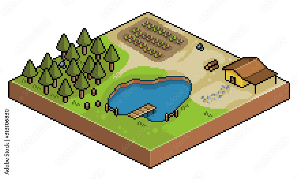 Pixel art isometric farm, plantation, house, lake, 8bit and 16bit