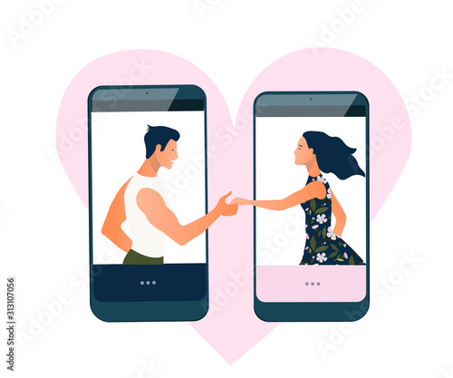 Virtual relationships, online dating or social networking concept. Love trough internet. Couple in love, flirting people Vector illustration, flat style. Online chat, messaging. photo