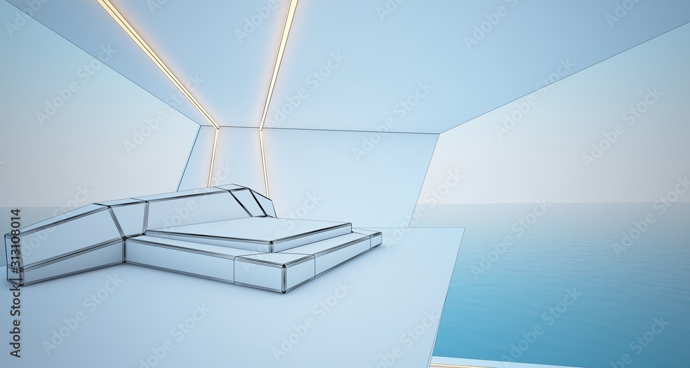 Obraz premium Abstract drawing architectural white interior of a modern villa on the sea with swimming pool and window. 3D illustration and rendering.