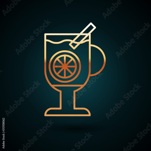 Gold line Mulled wine with glass of drink and ingredients icon isolated on dark blue background. Cinnamon stick, clove, lemon slice. Vector Illustration