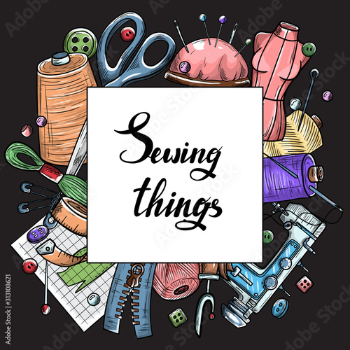 Tailor or dressmaker work and fashion designer atelier sketch items. Vector sewing illustration in retro vintage style on blackboard.