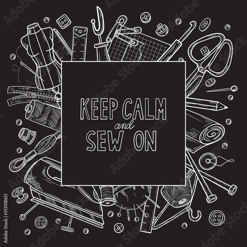 Tailor or dressmaker work and fashion designer atelier sketch items. Vector sewing illustration in retro vintage style on blackboard.