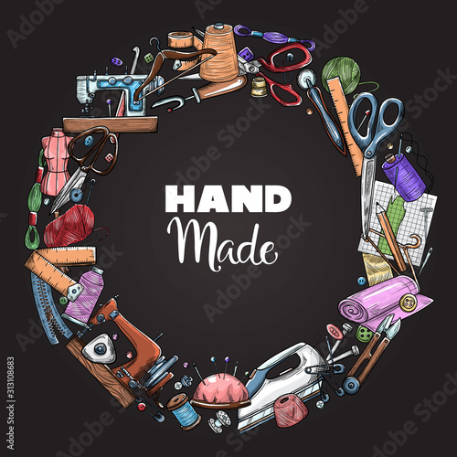 Tailor or dressmaker work and fashion designer atelier sketch items. Vector sewing illustration in retro vintage style on blackboard.