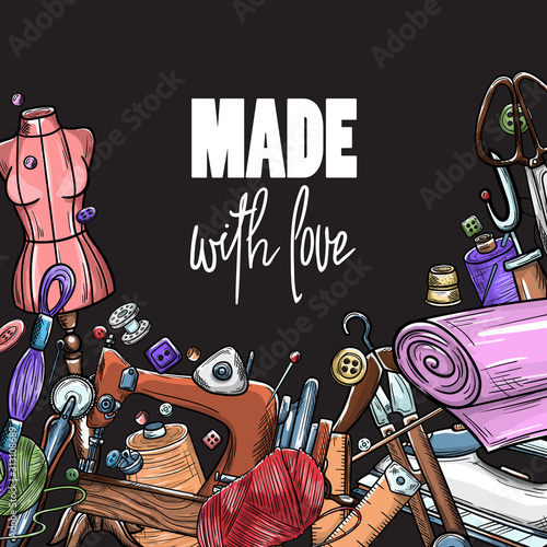 Tailor or dressmaker work and fashion designer atelier sketch items. Vector sewing illustration in retro vintage style on blackboard.
