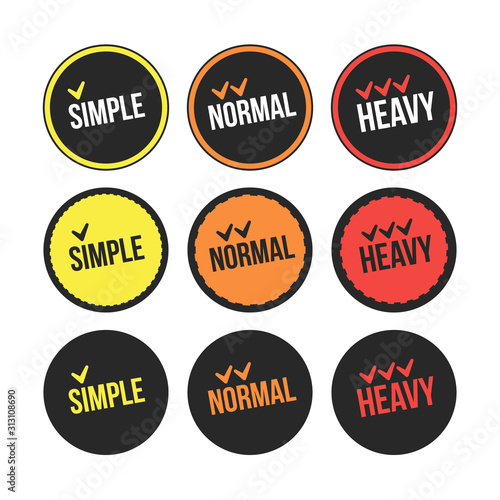 Set of labels, gradation of levels. Easy, medium, hard. Three options and designs. Degree of difficulty. Chosen setting