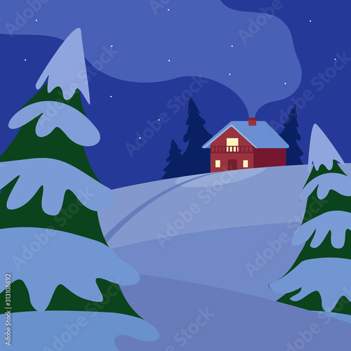 Winter hilly night landscape with house and fir trees. Country life. Snow  cold  frost. Vector cartoon illustration