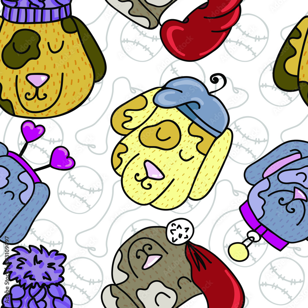 Seamless vector print. Cute bright hand-drawn dogs. Ideal for paper, souvenir and textile industries. Seamless vector print. Cute bright hand-drawn dogs. Ideal for paper, souvenir and textile industries.
