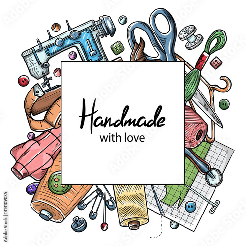 Tailor or dressmaker work and fashion designer atelier sketch items. Vector sewing illustration in retro vintage style
