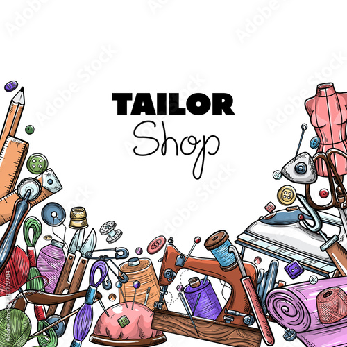 Tailor or dressmaker work and fashion designer atelier sketch items. Vector sewing illustration in retro vintage style