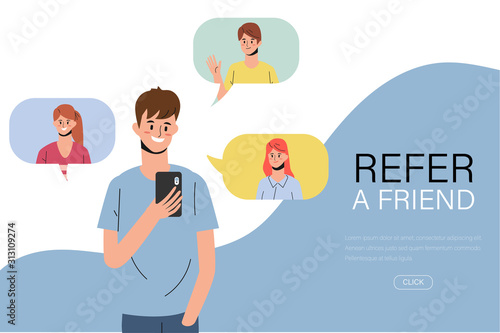 Young man have refer a friend with smartphone. Web landing page refer friend concept.