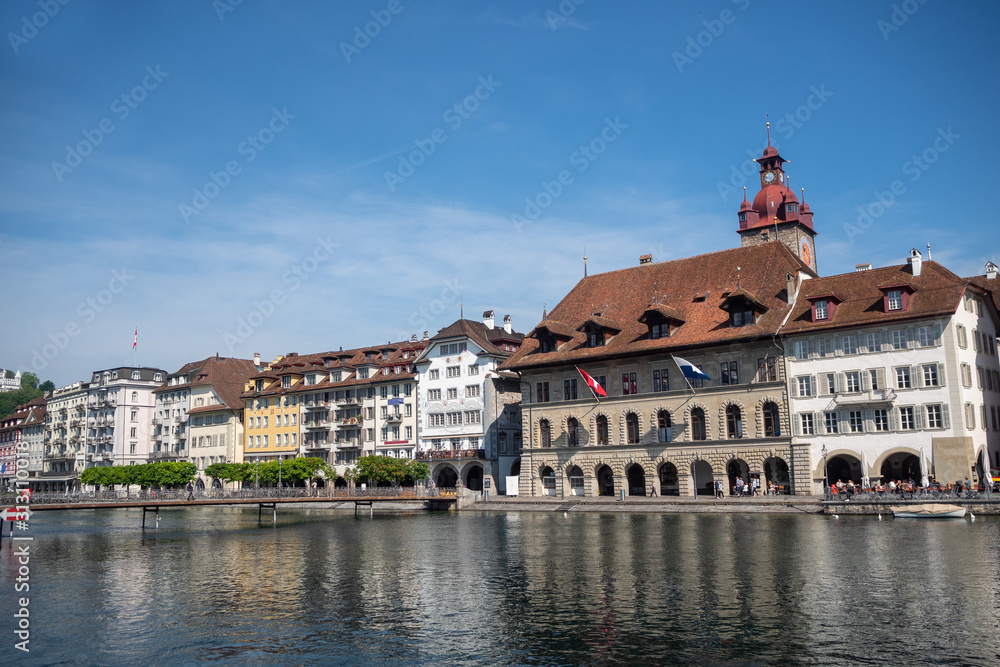 Beautiful medieval style europe buildings beside the river for background, copy space, Luzern, Switzerland