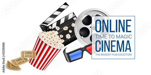 Cinematograph Concept Banner Design Template withMovie Clapper Board, Cinema Ticket, Popcorn in the Striped Bag, Film Reel and 3d Glasses Over White Background