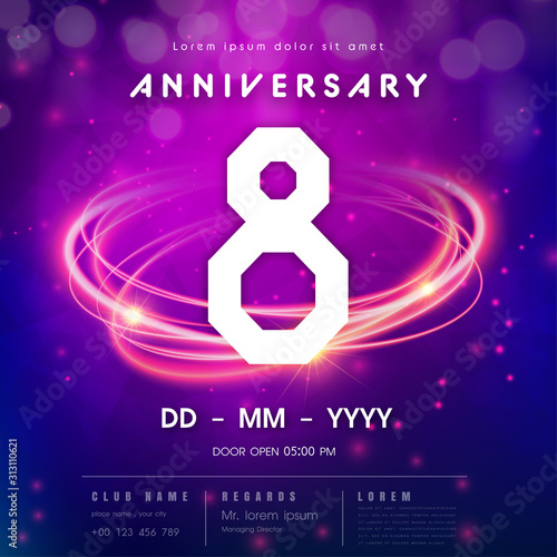 8 years anniversary logo template on purple Abstract futuristic space background. 8th modern technology design celebrating numbers with Hi-tech network digital technology concept design elements.