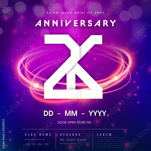 26 years anniversary logo template on purple Abstract futuristic space background. 26th modern technology design celebrating numbers with Hi-tech network digital technology concept design elements.