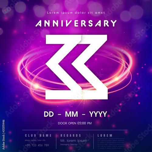 33 years anniversary logo template on purple Abstract futuristic space background. 33rd modern technology design celebrating numbers with Hi-tech network digital technology concept design elements.