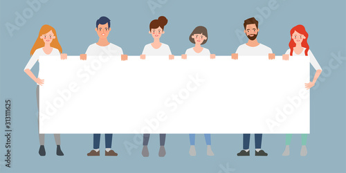 Group of business people teamwork holding big banner blank space character flat vector illustration.