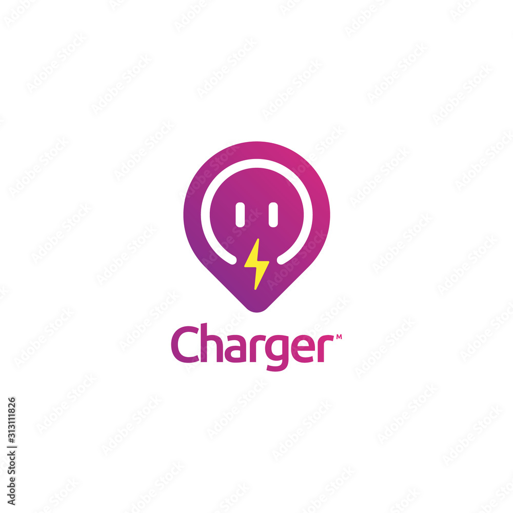 Pin marker with electric power and plug symbol and charger character logo design app vector Pin marker with electric power and plug symbol and charger character logo design app vector